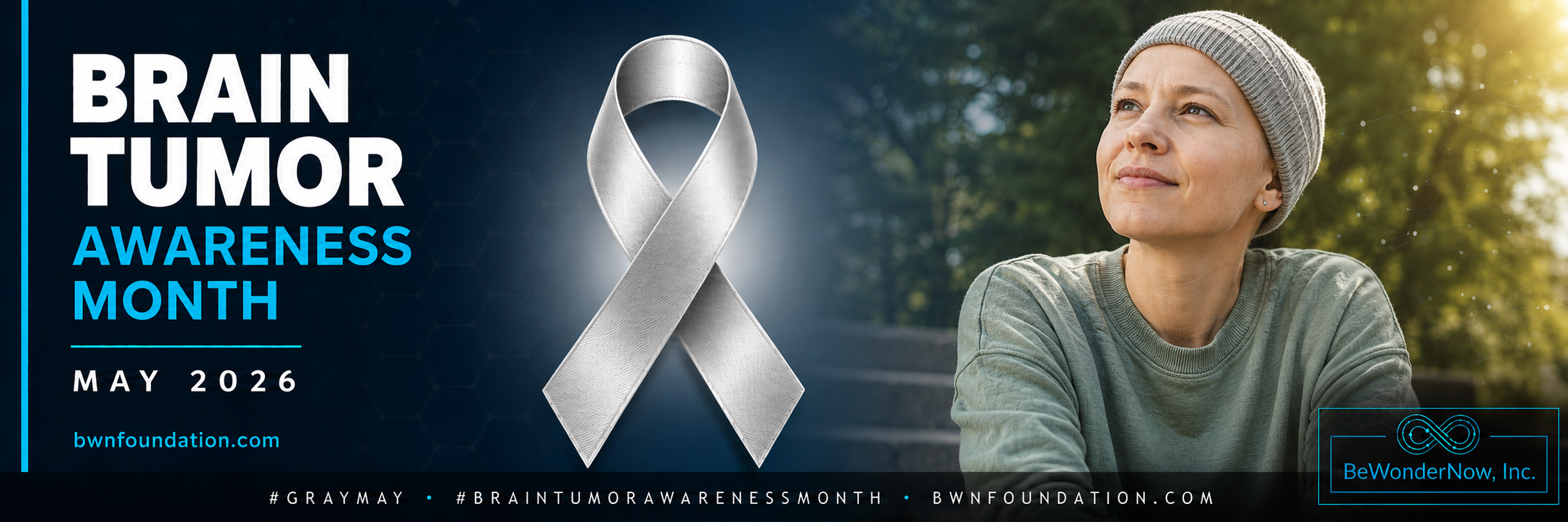 Brain cancer surviver sitting being thankful for Brain Tumor Awareness month at BeWonderNow Inc.