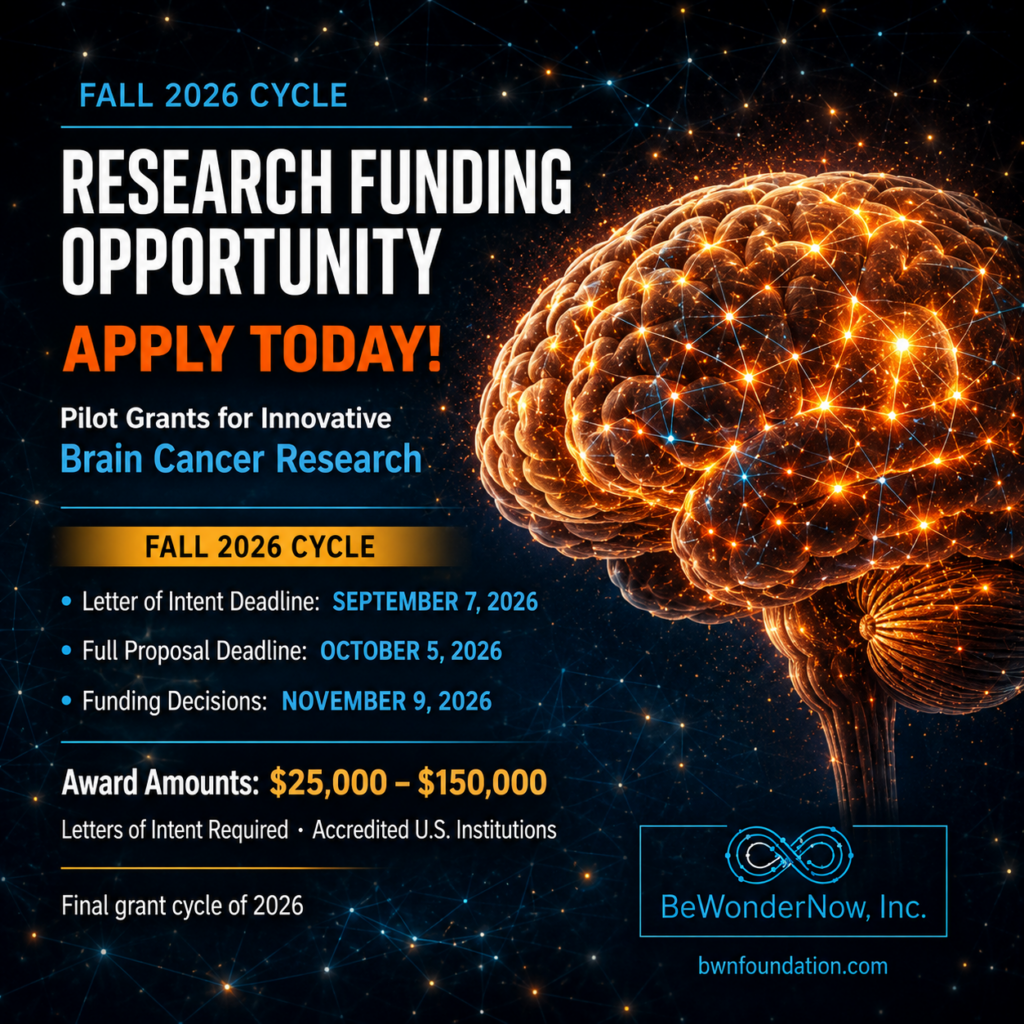 BeWonderNow, Inc. Opens Fall 2026 Pilot Grant Applications — Last Brain Cancer Research Funding Cycle of the Year